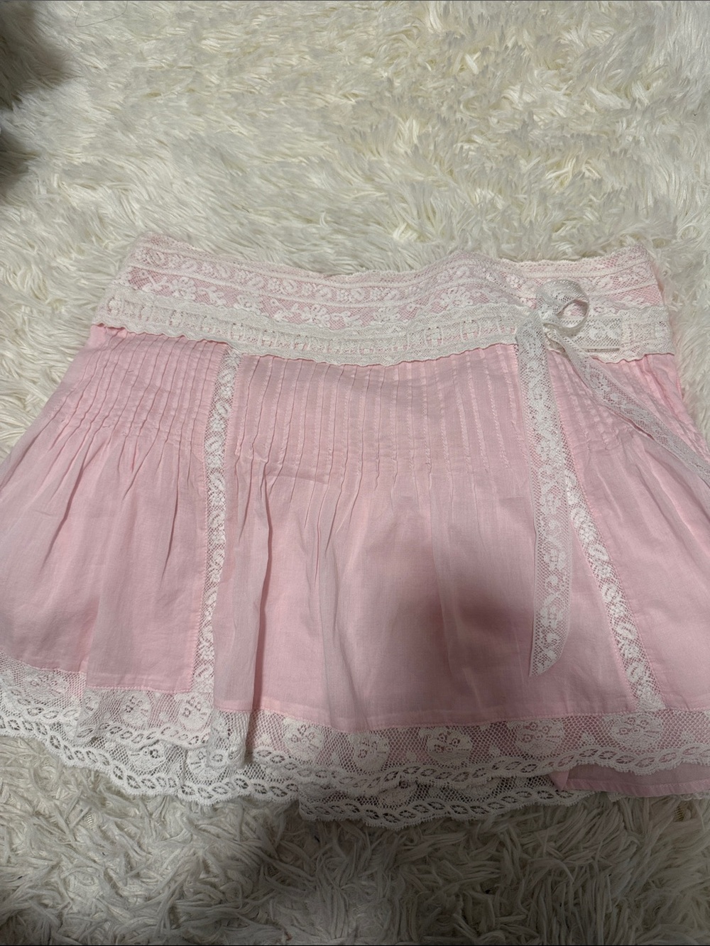 LoveShackFancy Pink Mini Skirt with White Lace Trim